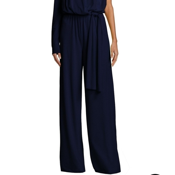 Halston Felix Matte Jersey Asymmetric Jumpsuit in Navy - Picture 7 of 9
